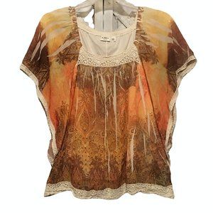 CATO Woman Top BOHO Hippie Square Neck Butterfly Sleeves Crochet Trim Si…